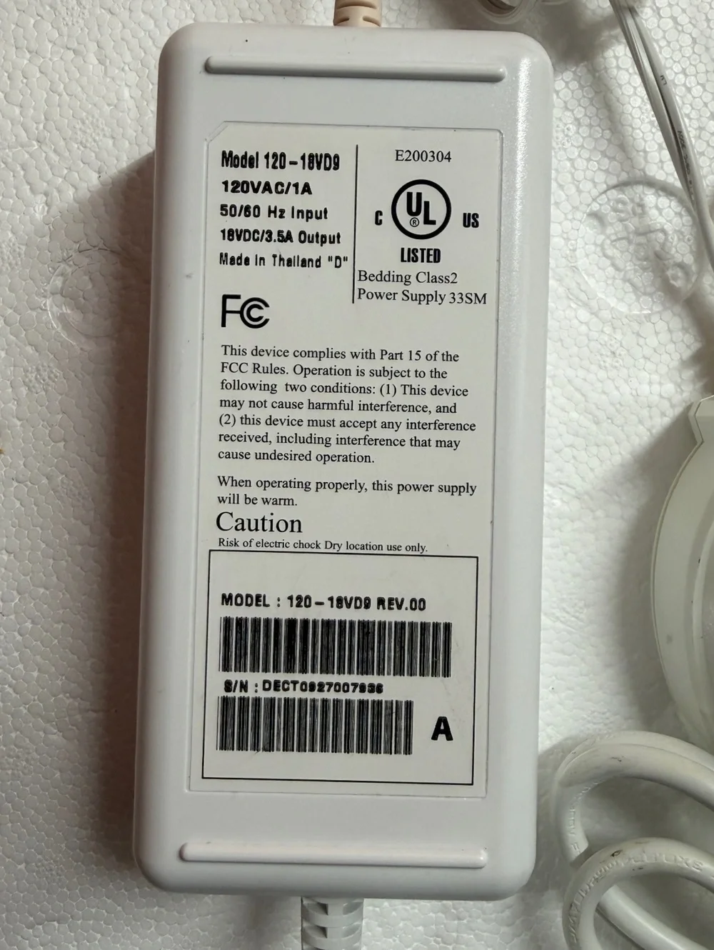 Safe & Warm Technology Bedding Class2 Power Supply Model 120-18VD9 with Control